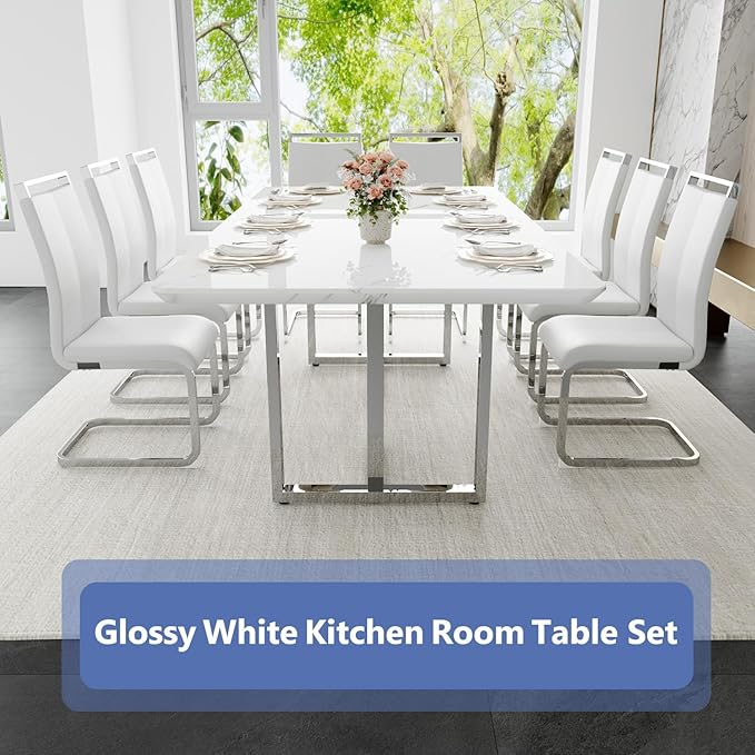 JUFU Dining Room Table Set for 8, Dining Set for 8 with 79'' Faux Marble Tabletop and Sturdy T-Shape Leg, White Rectangle Dining Room Set for 8 PU Chairs, Perfect for Dining Room and Kitchen