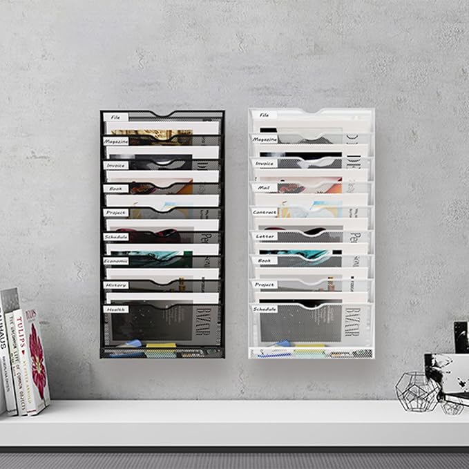 10 Tier Hanging Wall File Holder, Metal A4 Wall Mounted Document Holder, Vertical Hanging Mail Organizer, Magazine Storage Rack with Tray for Office Home Classroom, White