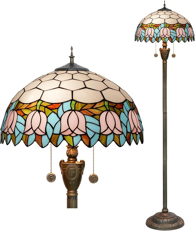 Tiffany Floor Lamp Pink Tulip Style Stained Glass Lamp Bright Lighting Rustic Standing Floor Lamp 16X16X64 Inches Vintage Unique Bronze Reading Corner Lamp for Home Decor Living Room Bedroom