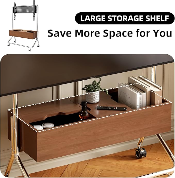 Solid Wood Mobile TV Cart Rolling TV Stand with Wheels for 42-75 Inch LCD LED Flat Curved Screens up to 180 Lbs, Heavy Duty Portable Floor Stainless Steel Mobile TV Stand (Walnut, 42-75inch)