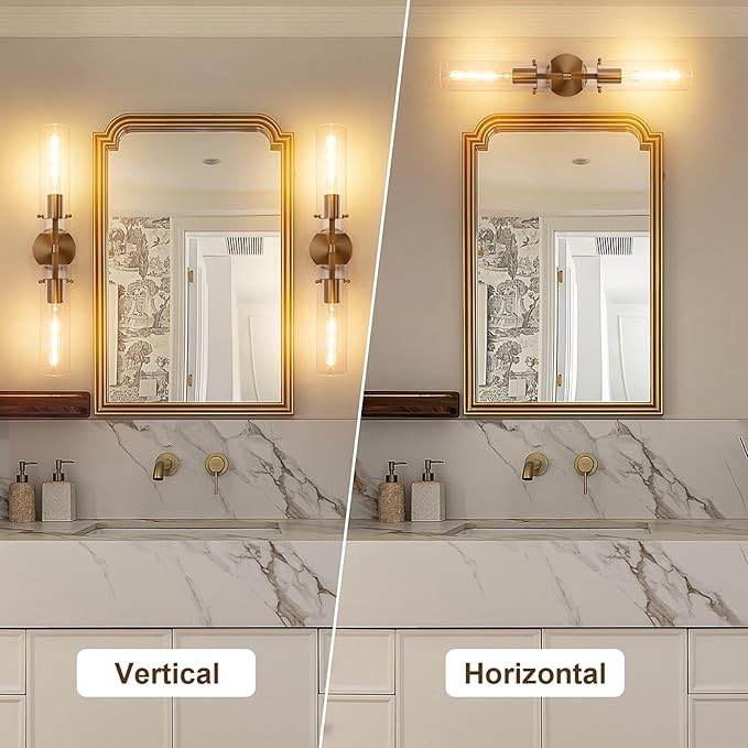 Brass Gold 2-Light Knurled Wall Sconce, Dual-Head Vanity Lamp Set of Two with Clear Glass Tube, Bathroom Wall Sconces, Wall Lights for Living Room Bedroom Hallway Kitchen Bathroom Mirror