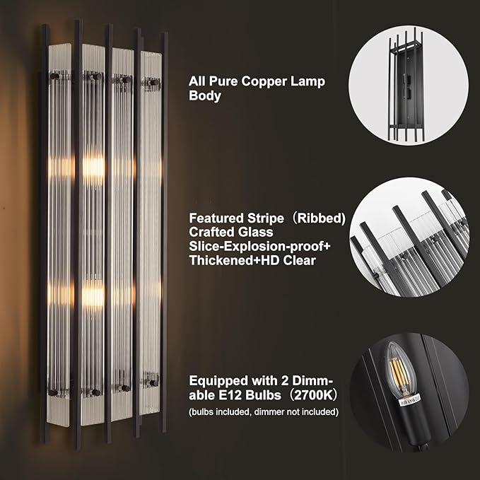 Modern Black Wall Sconce,25in Grand Rectangular Ribbed Glass Wall Sconces,Indoor Hardwired Wall Sconces for Large Spaces,for Living Room,Hallway,Stairway Sconces Wall Lighting,Included E12 Bulbs