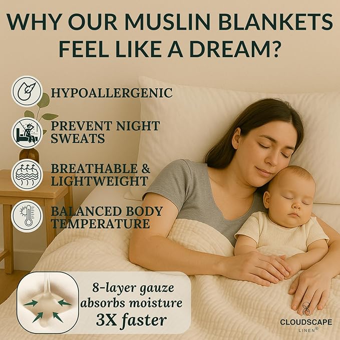 Cloud Scape Linen 100% 8-Layer Cotton Muslin Blanket Queen Size,Lightweight All Season Blanket for Bed, Oversized Cotton Blankets, fits Full Size Bed, 92x92, Ivory