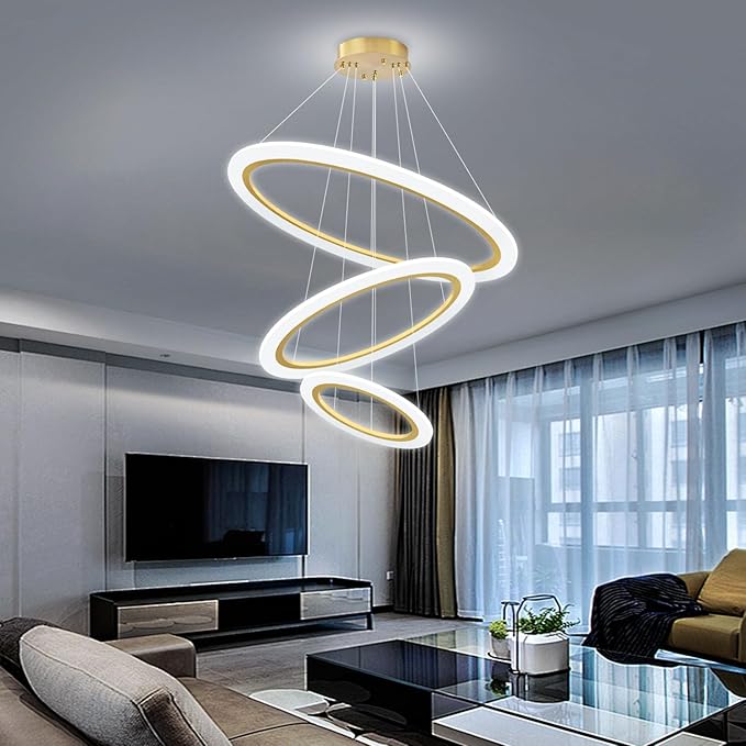 Modern LED Chandelier 3 Ring Chandelier for Dining Room Living Room Pendant Lighting High Ceiling Hanging Light Fixture for Bedroom Foyer Gold