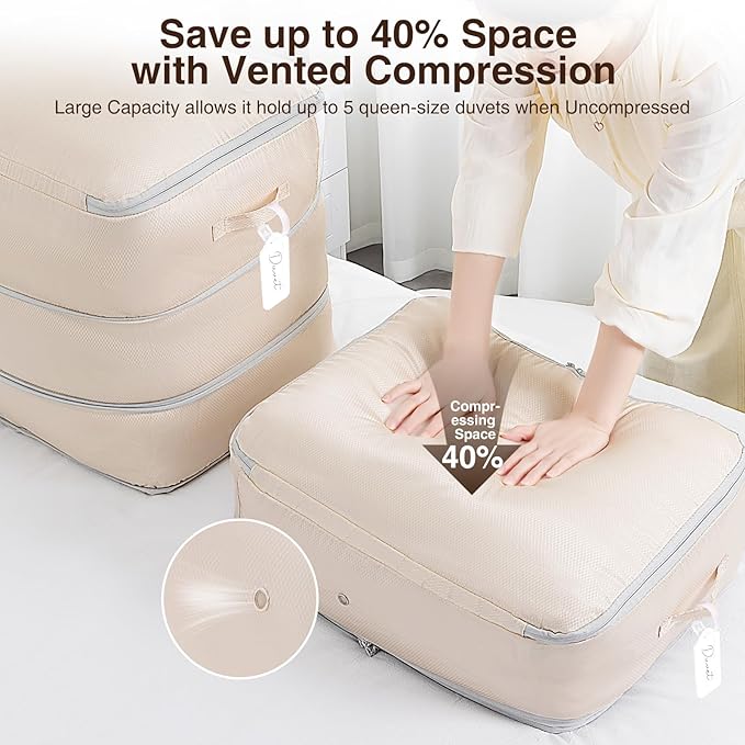 1 Pack Compression Storage Bags - 110L Large Capacity Comforter Storage Bag, 3-Layer Washable Ultra Space Saving Self Compression Organizer Space Bags for Blankets, Sweaters, Sheets, Beige
