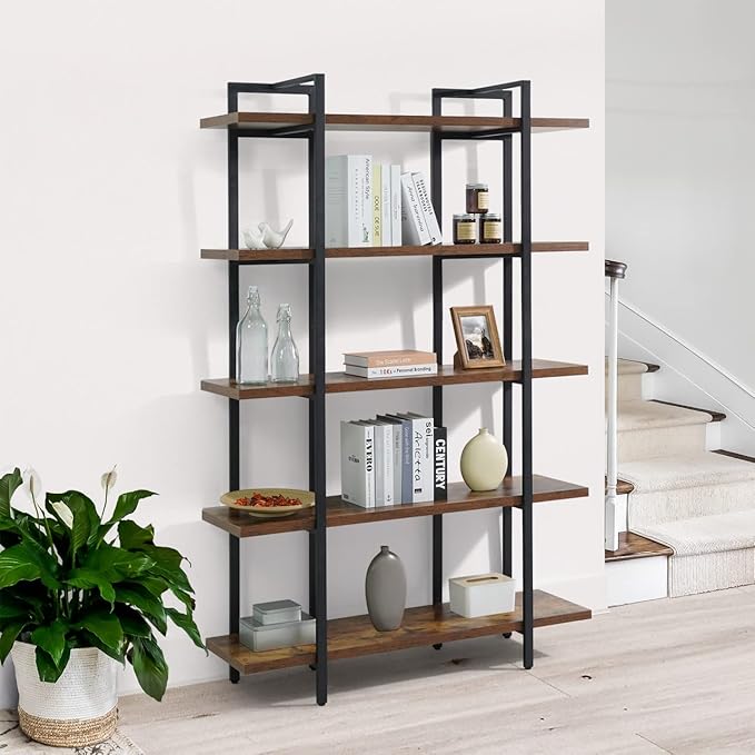 CAPHAUS 5-Tier Book Shelf, 71” H Vintage Industrial Bookcase with Open Display Shelving, Wooden and Metal Shelving Unit, Bookshelves and Bookcases, Stand Shelf for Bedroom, Home Office, Rustic Oak