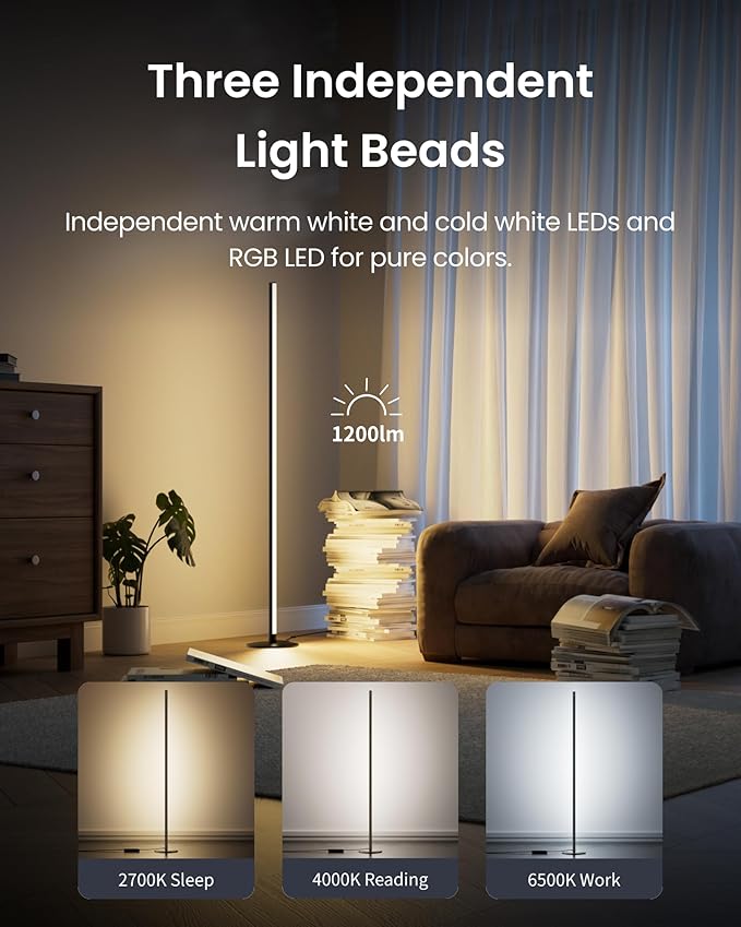 SwitchBot Floor Lamp with Matter, RGB, Warm Cool White, Corner Floor Lamp Compatible with Apple Home, Alexa, Google Home, 1200lm, Music Sync, Scene Modes, 16 Million Colors for Living Room Bedroom