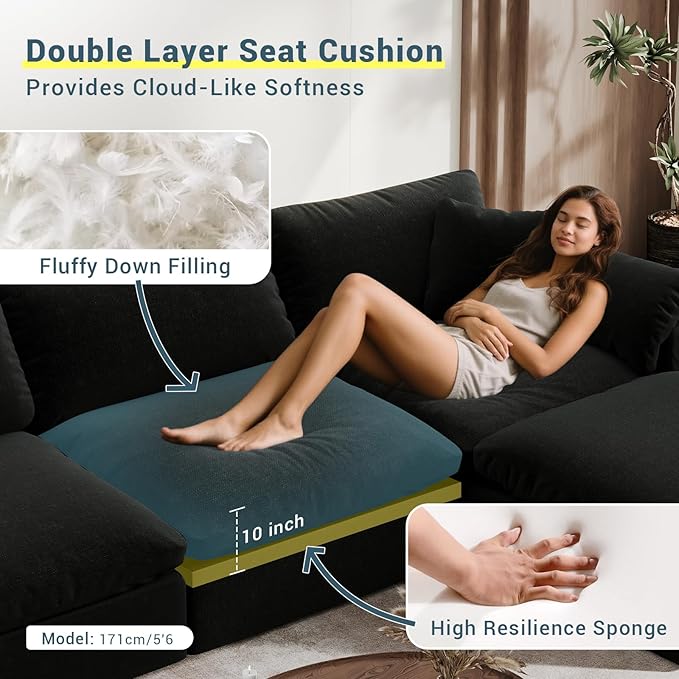 Oversized Cloud Sectional Couches for Living Room, 110.8" Comfy Down Filled Couch, Convertible 4 Seater Modular Sectional Sofa with Removable Covers, Deep Seat Modular Couch, Black