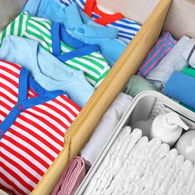 4 Pcs Deep Bamboo Drawer Dividers, Deep Kitchen Dresser Drawer Organizer with Spring Loaded for Clothes, Adjustable Expandable from 15-22 Inch(6 Inch,Wood Color)