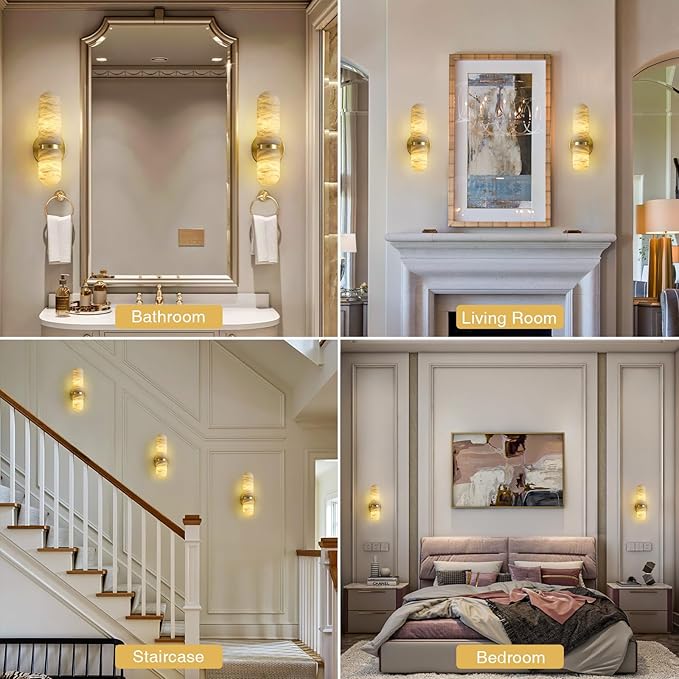 Alabaster Wall Sconces, 13" Glod Wall Sconce, Modern Bathroom Sconces Lighting, Black Spanish Natural Marble Sconce for Living Room, Bedroom, Stairs, Hallway