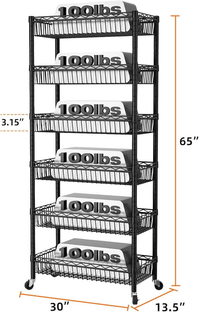 SINGAYE Shelf 6 Tier Wire Shelving Unit Adjustable Storage Shelves Big Basket Rack for Garage Kitchen Office Pantry Laundry Room Organizers13.5 D x 30" W x 65" H Black
