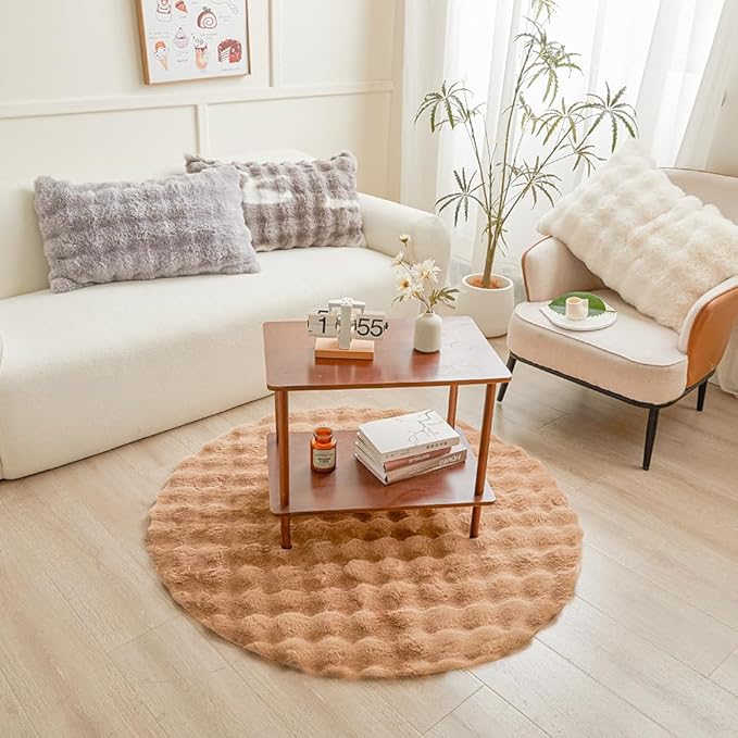 Coffee Round Rabbit Plush Rug for Bedroom Living Room Sofa,4'X4' Faux Fur Fluffy Shaggy Circle Rug for Kids Teen Girls Room,Furry Carpet Circular Rugs for Nursery Baby Room