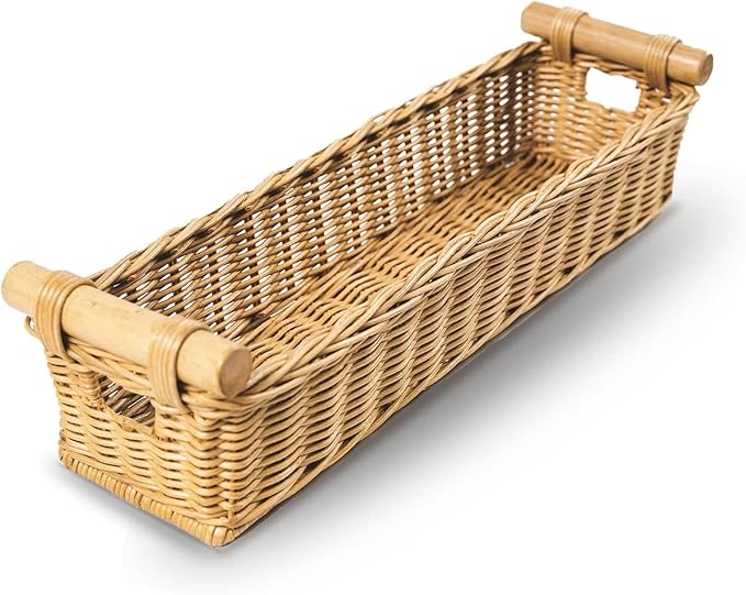 The Basket Lady Long Narrow Pole Handle Wicker Basket, Small, 17 in L x 5 in W x 5.25 in H, Sandstone