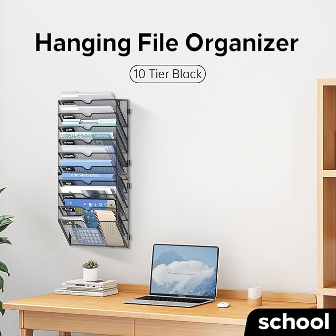 10 Tier Wall Hanging File Organizer, Paper Folder Holder Wall Mounted, Metal Mail Sorter for Office Home School, Black 2 Pack