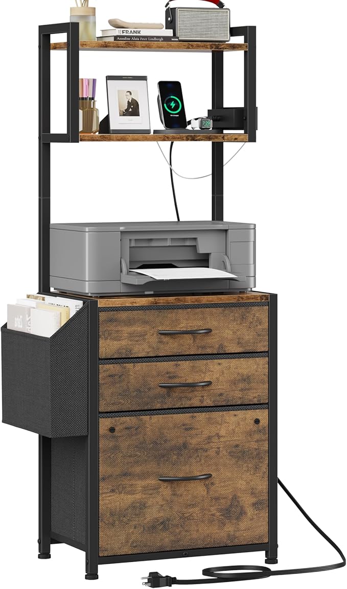Small 3 Drawer File Cabinet with Charging Station, 3-Tier Tall Filing Cabinet for Home Office, 11''*16'' for Small Printer, Fabric Drawer Fits Letter/A4, Printer Stand 45''H, Rustic Brown