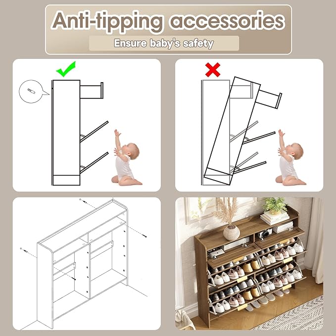 Rattan Shoe Storage Cabinet with 4 Flip Drawers & 2 Drawers, Freestanding Organizer for Front Door Entrance, Hidden Narrow Shoe Rack Cabinet Storage for Entryway, Rustic Oak Rattan