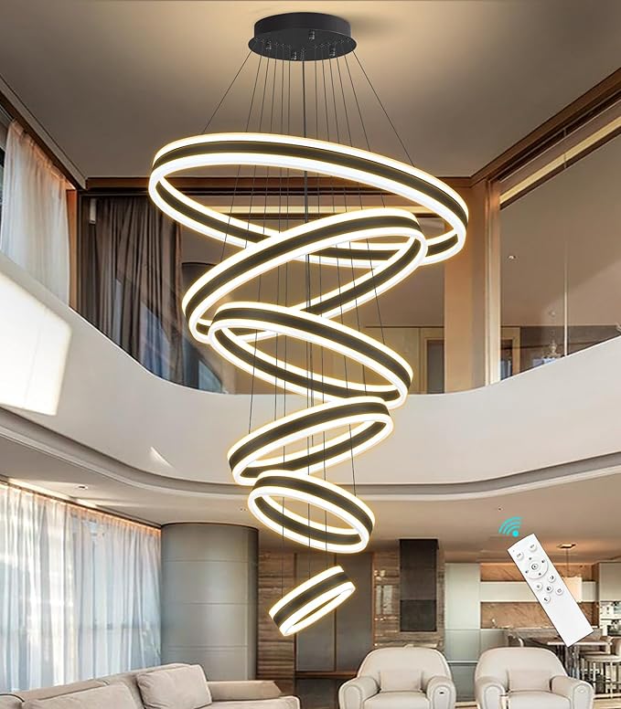 6 Rings Modern LED Chandeliers Large High Ceiling Chandelier for Foyer Black Dimmable Long Handing Lighting Fixture for Living Room Entryway Villa Staircase 3000K-6000K