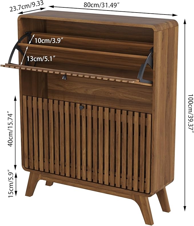 Fluted Narrow Shoe Cabinet for Entryway, Slim Wood Shoe Storage Cabinet with Flip Drawers, Bamboo Thin Shoe Rack Organizer for Entry Way, Hallway, Hidden, Walnut