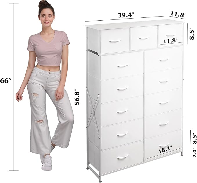 WLIVE Storage Organizer Unit with 13 Fabric Bins, Storage Drawers Organizer with Steel Frame, Tall Storage Tower Organizaton for Living Room, Hallway, Office, White