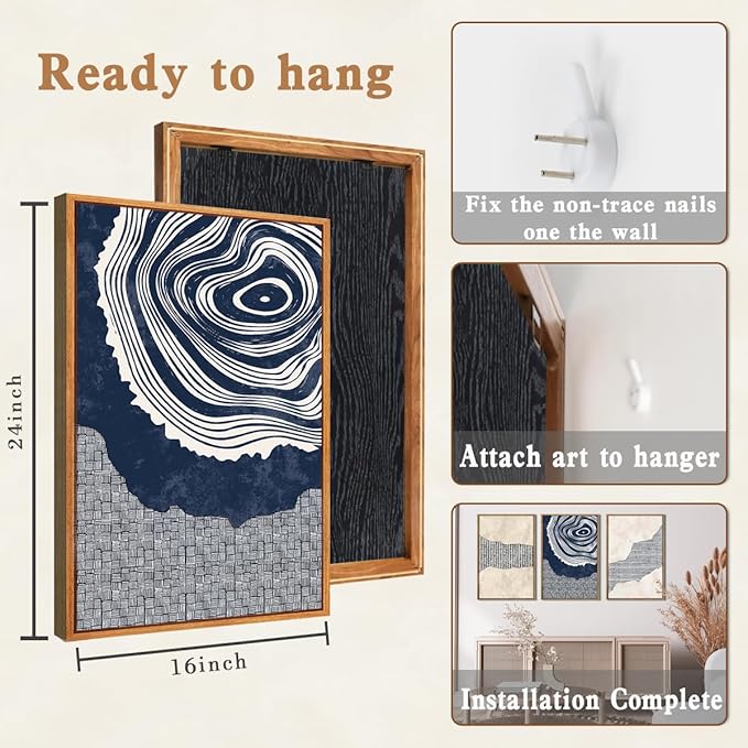 Anyzal Large Navy Blue Tree Rings Wall Art Framed Modern Abstract Neutral Paintings Artwork for Living Room Bedroom Office 16x24 Inch Set of 3