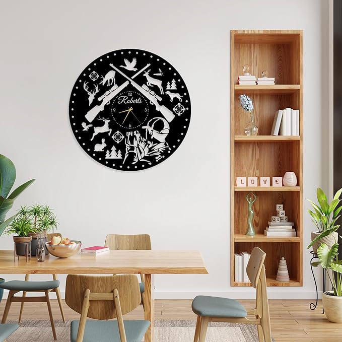 YTDESIGN Custom Wall Clock with Family Last Name, Personalized Metal Wild Animals Theme Wall Clock, Hunter's Gift, Housewarming Present