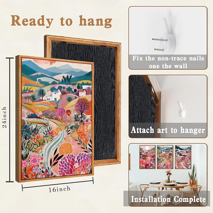 Anyzal Large Colorful Mountain Floral Wall Art Framed Pink Nature Landscape Painting Sunset Scenery Wall Decor for Living Room Bedroom Office 16x24 Inch Set of 3