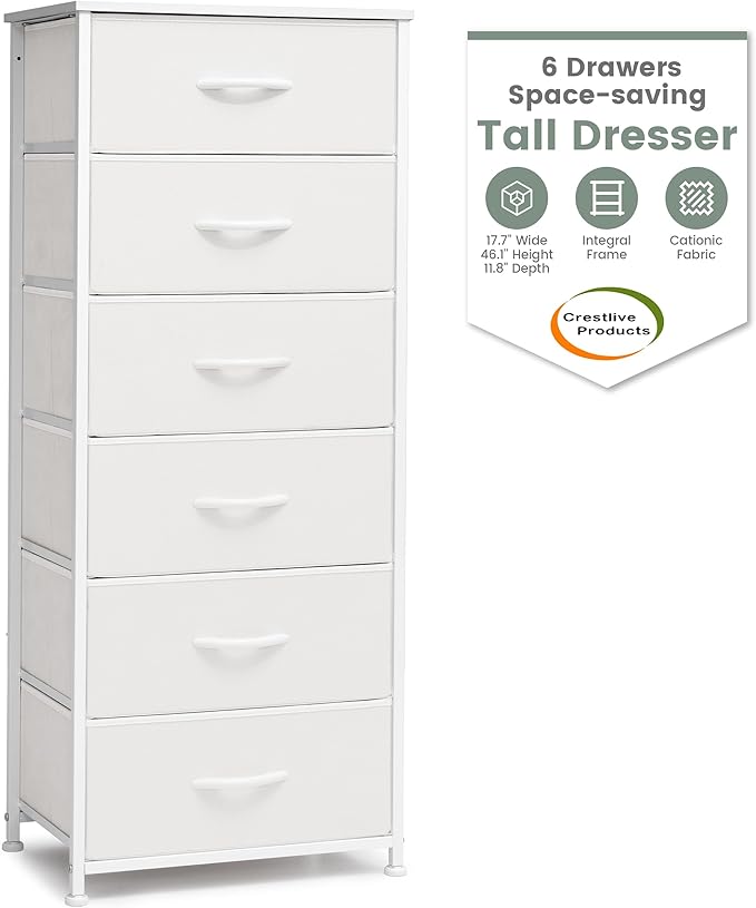 Crestlive Products Tall Dresser for Bedroom Vertical Storage Tower - Sturdy Steel Frame, Wood Top, Easy Pull Fabric Bins, Handles - Organizer Unit for Hallway, Entryway, Closets - 6 Drawers (White)