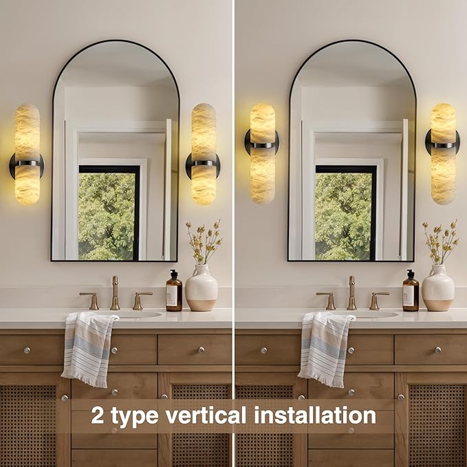 Alabaster Wall Sconces, 13" Black Wall Sconce, Modern Bathroom Sconces Lighting, Black Spanish Natural Marble Sconce for Living Room, Bedroom, Stairs, Hallway