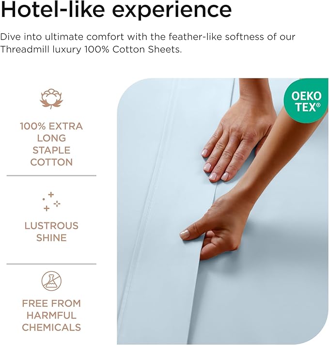 Threadmill 100% Cotton Sheets for Cal King Size Bed - 600 Thread Count Cal King Bed Sheets Set with 16” Deep Pocket - Sateen Weave 4-Piece Bedding Set with Cooling Effect, Blue