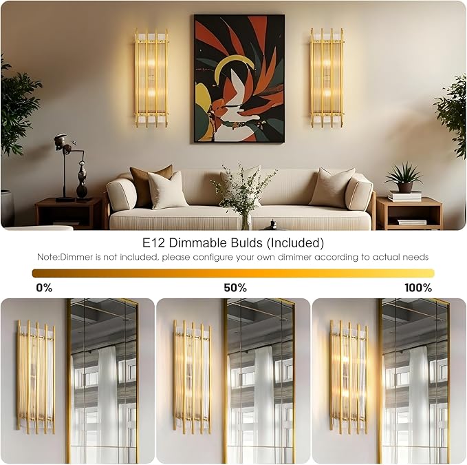 Modern Brass Wall Sconce,25in Grand Rectangular Ribbed Glass Wall Sconces,Indoor Hardwired Gold Wall Sconces for Large Spaces,for Living Room,Hallway,Stairway Sconces Wall Lighting,Included E12 Bulbs