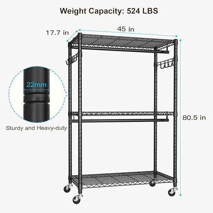 P1 Plus Rolling Clothes Rack, 22mm Diameter Heavy Duty Garment Rack with Wheels, Portable Closet Wardrobe with Double Rods, 45" W x 17.7" D x 80.5" H, Max Load 524 LBS, Black