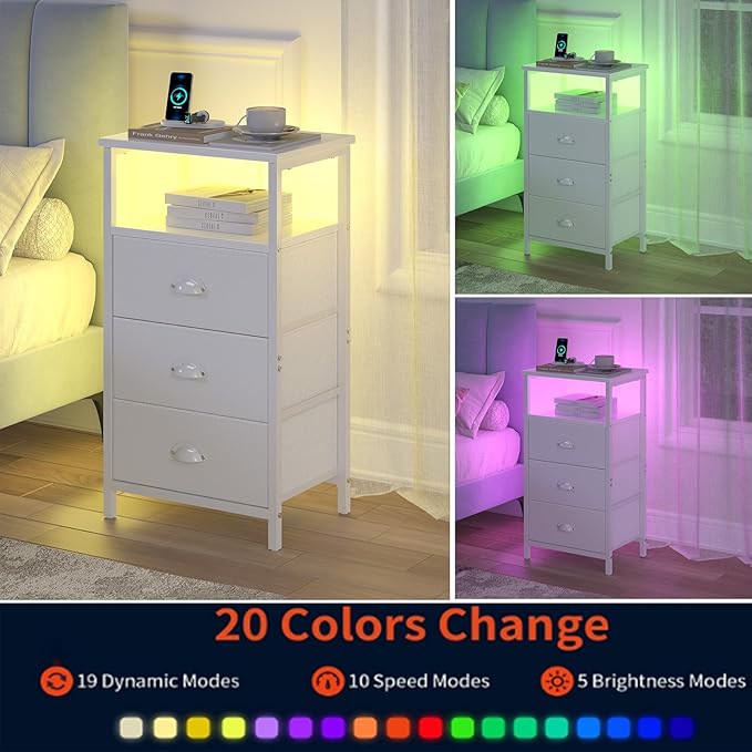 Nightstand with Charging Station,LED White Nightstand with 3 Fabric Drawers PU Finish, Bedside End Tables, 2-Tier Open Storage Shelf Side Table Nightstand with Drawers for Bedroom,White