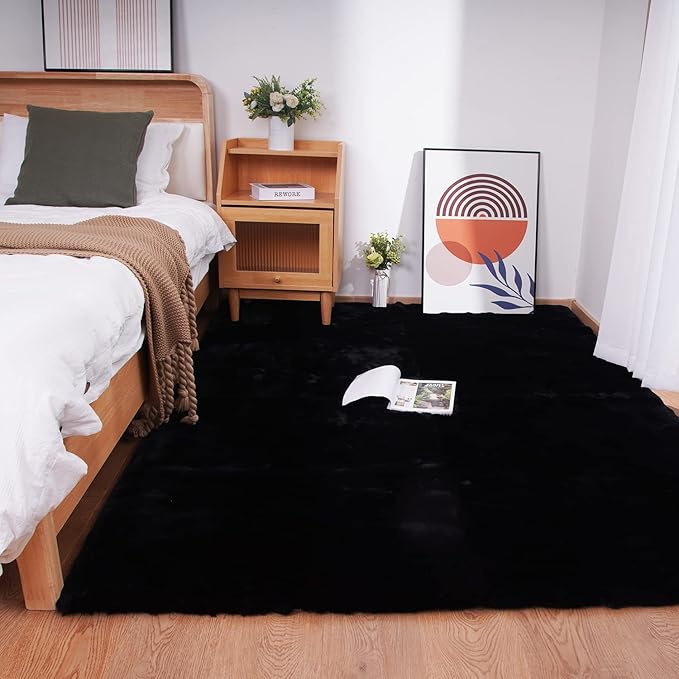 Ghouse Black Faux Rabbit Fur Area Rug 6x9 Machine Washable Area Rugs for Bedroom Fluffy Rugs for Living Room No-Shedding Carpet Sheepskin Rug