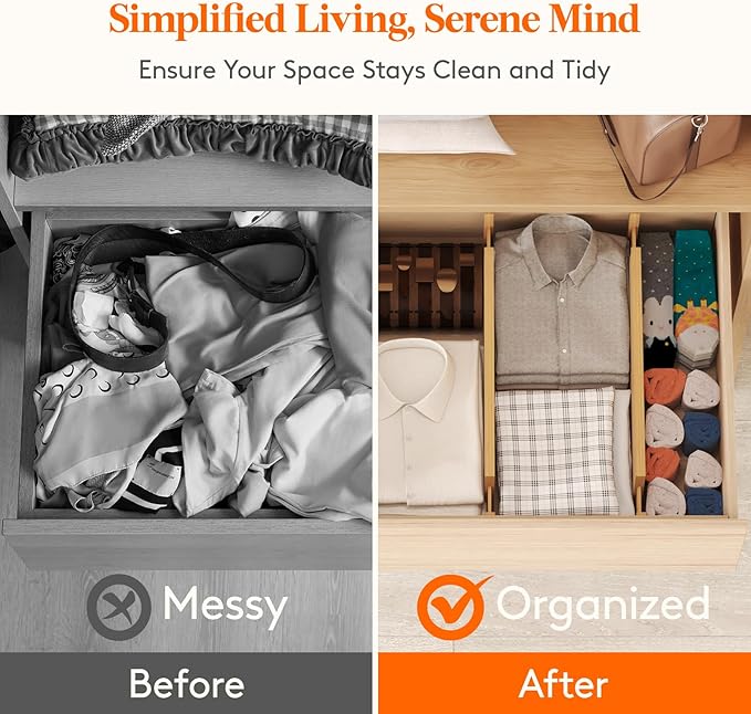 Lifewit 6 Pack 6" Deep Bamboo Drawer Dividers, 17.5-22" Expandable Drawer Organisers for Clothes, Adjustable Dresser Drawer Divider, Clothing Drawers Separators for Dresser, Bedroom, Bathroom, Office