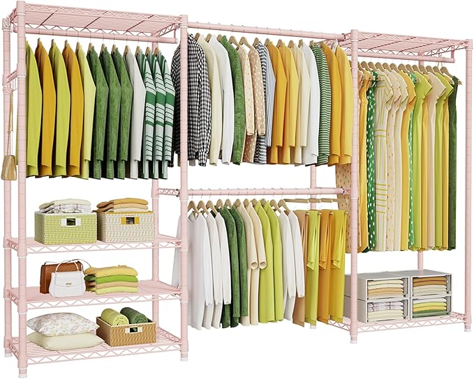 Ulif E1 Heavy Duty Closet Garment Rack, 6 Tiers Adjustable Metal Freestanding Expandable Clothing Storage with 4 Hanger Rods, Easy to Assemble Wardrobe, 71.4" H x (70" - 88.2") L x 14" D, Pink