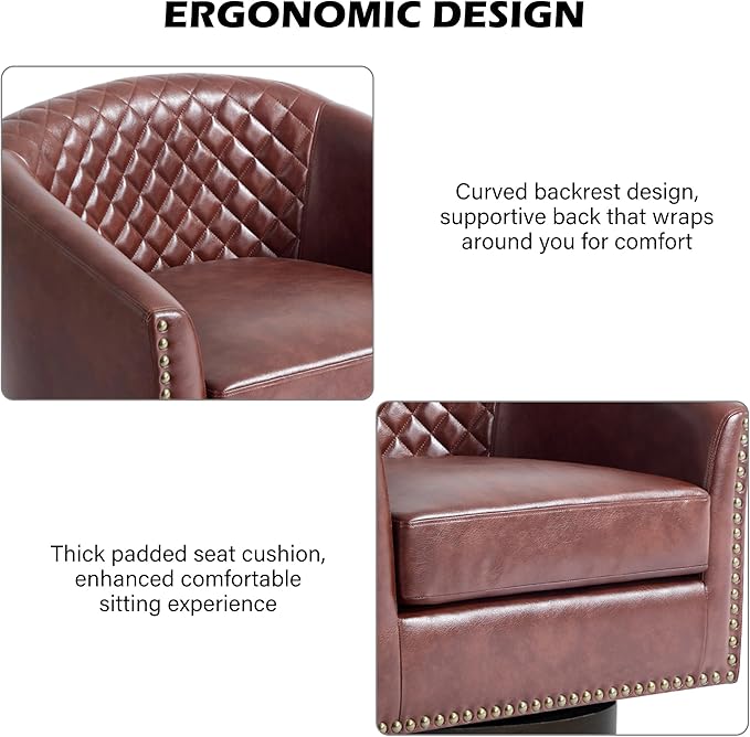 Swivel Barrel Accent Chair, Comfy Modern Upholstered Round Faux Leather Arm Chair for Living Room