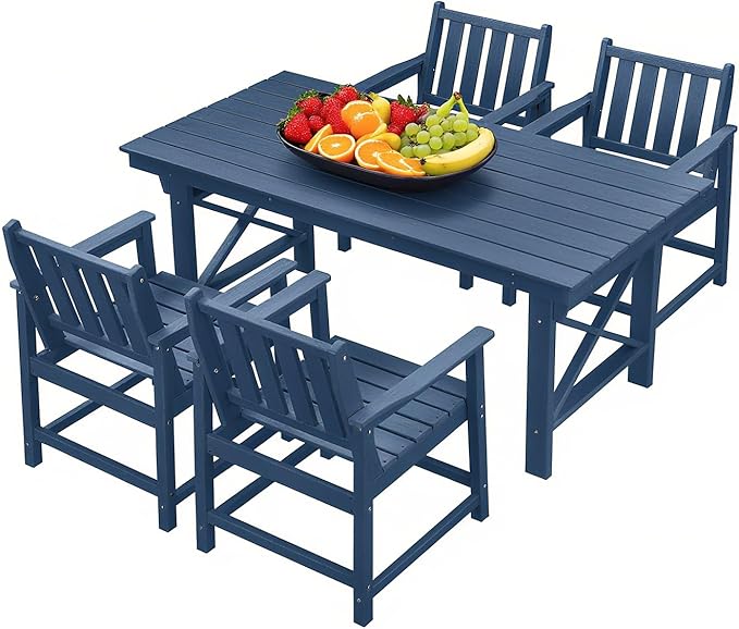 QUASCO Outdoor Patio Dining Table Set, 5-Piece Outdoor HDPE Dining Furniture Sets with Umbrella Hole Table and 4 Chairs, All Weather for Backyard, Garden, Poolside, Lawn, Navy