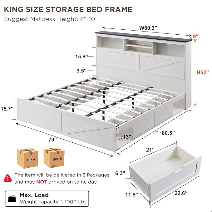 Farmhouse King Size Wood Bed Frame with 52" Tall Storage Headboard and 4 Drawers,LED Light,Charging Station,Solid Wood Slats Support,Noiseless,No Box Spring Needed,Antique White