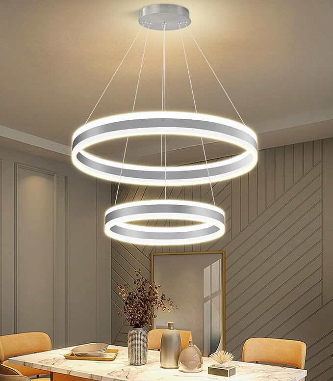 D15.7''+23.6'' Modern Ring Chandelier for Dining Room LED Dimmable Pendant Lighting Chandelier for Living Room Foyer Bedroom Entryway 3000K-6000K Silver