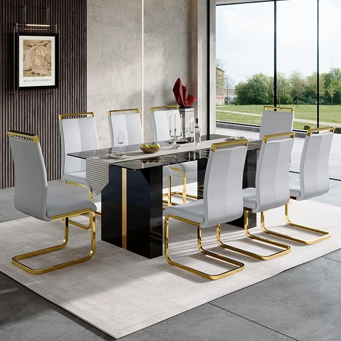 71'' Dining Table Set for 8， Faux Marble Dining Table Set for 8, Kitchen Table Set for 8 with PU Leather Chairs for Kitchen, Dining Room,Easy to Assemble