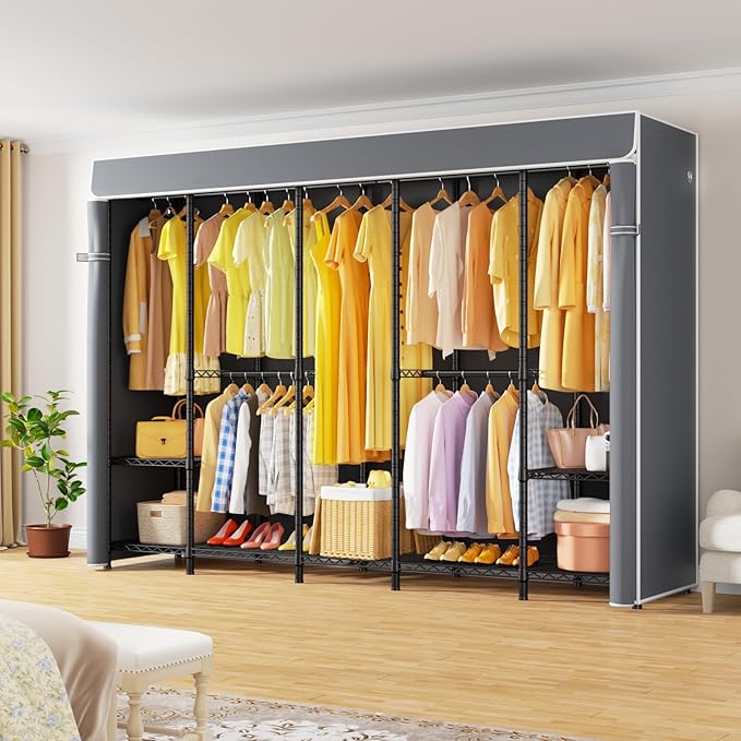 H50C Extra Large Clothes Rack with Cover, Freestanding Portable Closet, Covered Clothing Racks for Hanging Clothes, Heavy Duty Garment Rack, Wardrobe Closet with Gray Cover Max Load 1350 Lbs