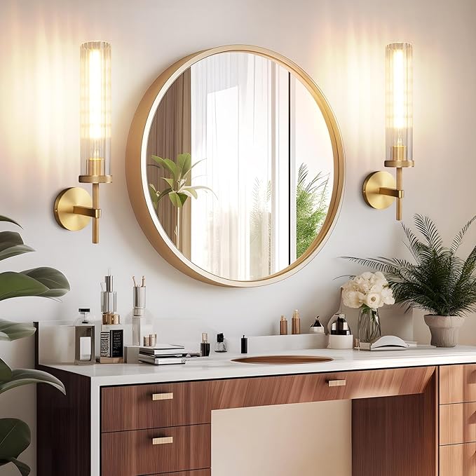 19.5" Knurled Brass Wall Sconce with Vertical Striped Glass Tube, Gold Bathroom Vanity Light Fixtures, Modern Lamp Lighting for Bedroom, Living Room, Hallway, Staircase, Mirror, Kitchen