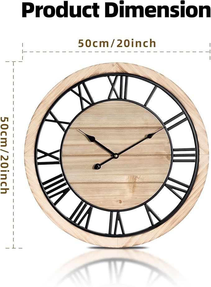 Maxstar 20'' Wall Clock for Living Room Decor, Ultra-Silent Rustic Wooden Farmhouse Wall Clock with Metal & Real Wood Frame, Battery Operated, for Kitchen Bedroom Office, Roman Numerals