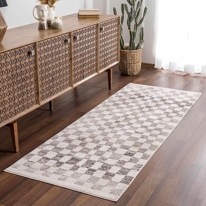 Hauteloom Pertek Modern Checkered Runner Rug - Modern Geometric Carpet for Hallway, Kids Room, Nursery - Bohemian Boho Carpet - Cream, Beige, Tan - 2'7" x 7'3"