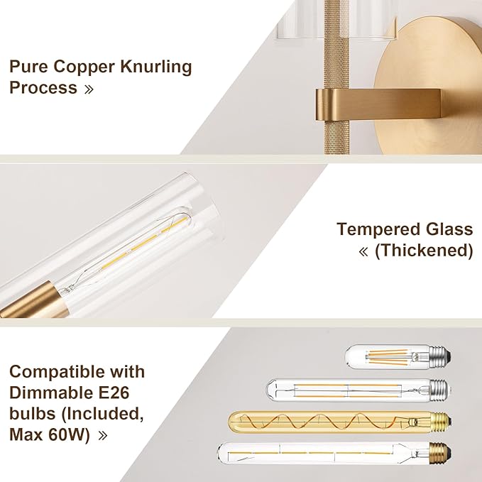 Brass Gold 2-Light Knurled Wall Sconce, Dual-Head Vanity Lamp Set of Two with Clear Glass Tube, Bathroom Wall Sconces, Wall Lights for Living Room Bedroom Hallway Kitchen Bathroom Mirror