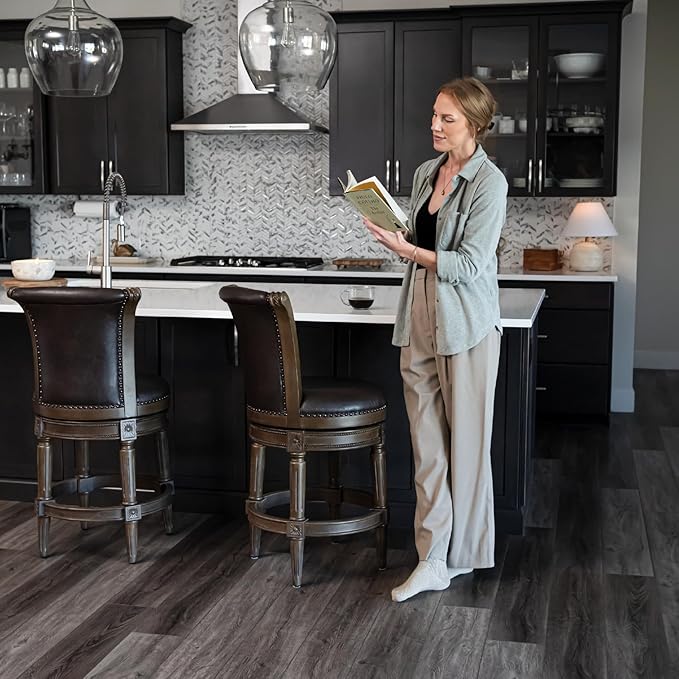 Maven Lane Pullman Counter Stool 26 Inches – Set of 3 – Swivel Stools with Footrest – Brown Solid Wood Frame & Brown Faux Leather Upholstery – Perfect for Kitchen Islands & Counters