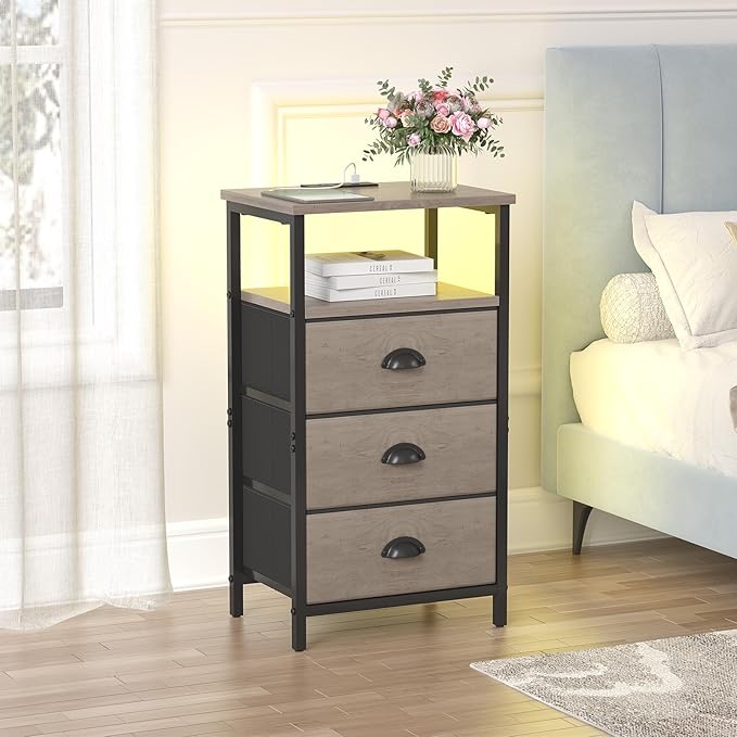 Nightstand with Charging Station,LED Nightstand with 3 Fabric Drawers, Bedside End Tables, 2-Tier Open Storage Shelf, Side Table Nightstand with Drawers for Bedroom,Grey