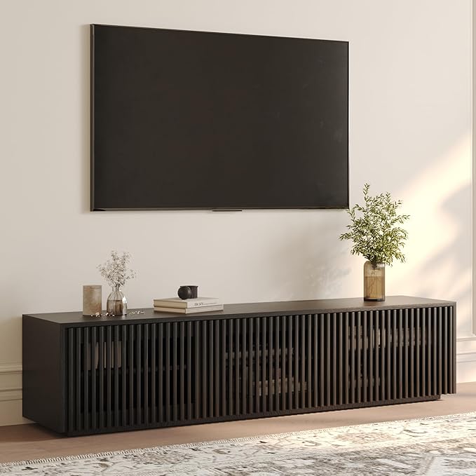 POVISON Full Assembled Mid Century Modern TV Stand, Black Entertainment Center for 65 inch TV, Wood Slatted Media Console with Storage, Low TV Cabinets for Living Room Bedroom, Oak Veneer