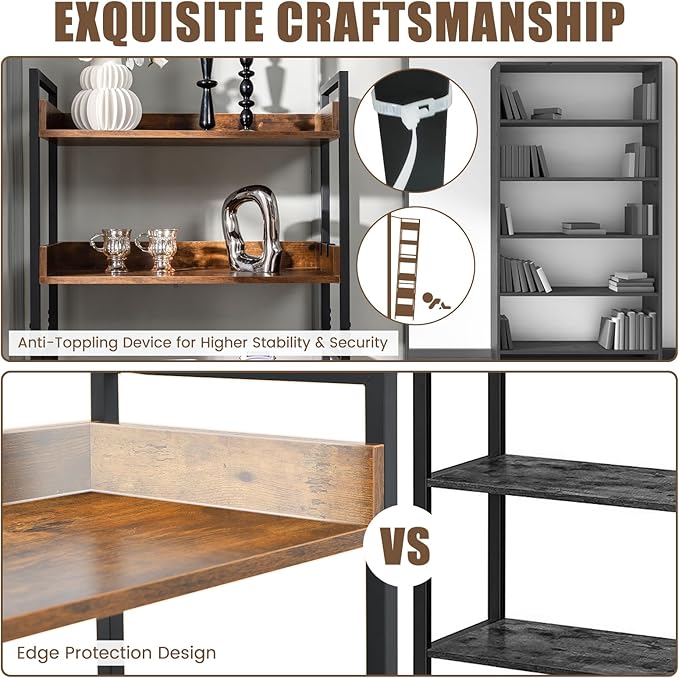 Tangkula 6-Tier Bookshelf, 70” Tall Industrial Bookcase w/Open Shelves & 4 Hooks, Storage Rack w/Metal Frame, Vintage Standing Display Rack for Study Living Room Kitchen (1, Rustic Brown)