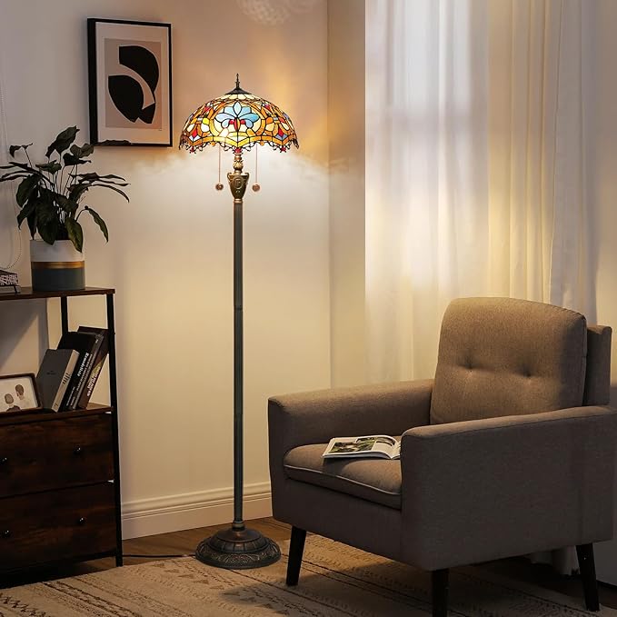 Tiffany Floor Lamp Stained Glass Floor Light Bright Lighting Rustic Standing Lamp Vintage Unique Bronze Reading Corner Lamp for Home Decor Living Room Bedroom 16X16X64 Inches